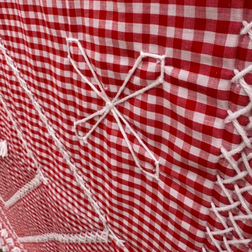 Vintage Hand Quilted Red Gingham Check Embroidery Tufted Blanket Quilt 84x62